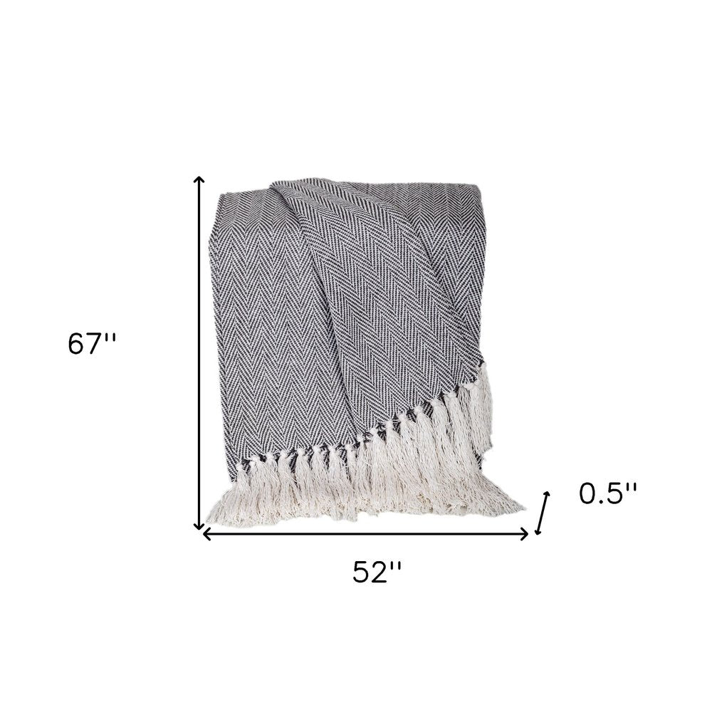 52" X 67" Gray and Ivory Woven Cotton Herringbone Throw Blanket with Fringe HomeRoots