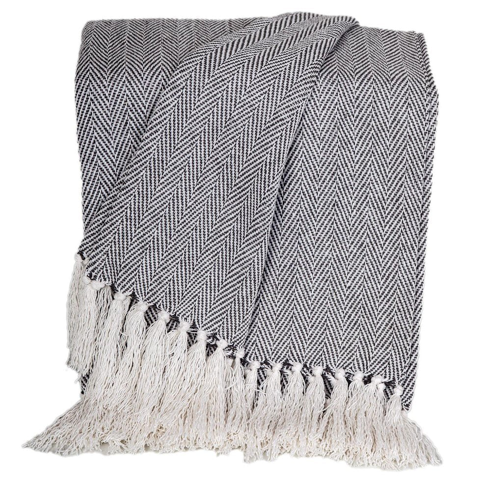 52" X 67" Gray and Ivory Woven Cotton Herringbone Throw Blanket with Fringe HomeRoots