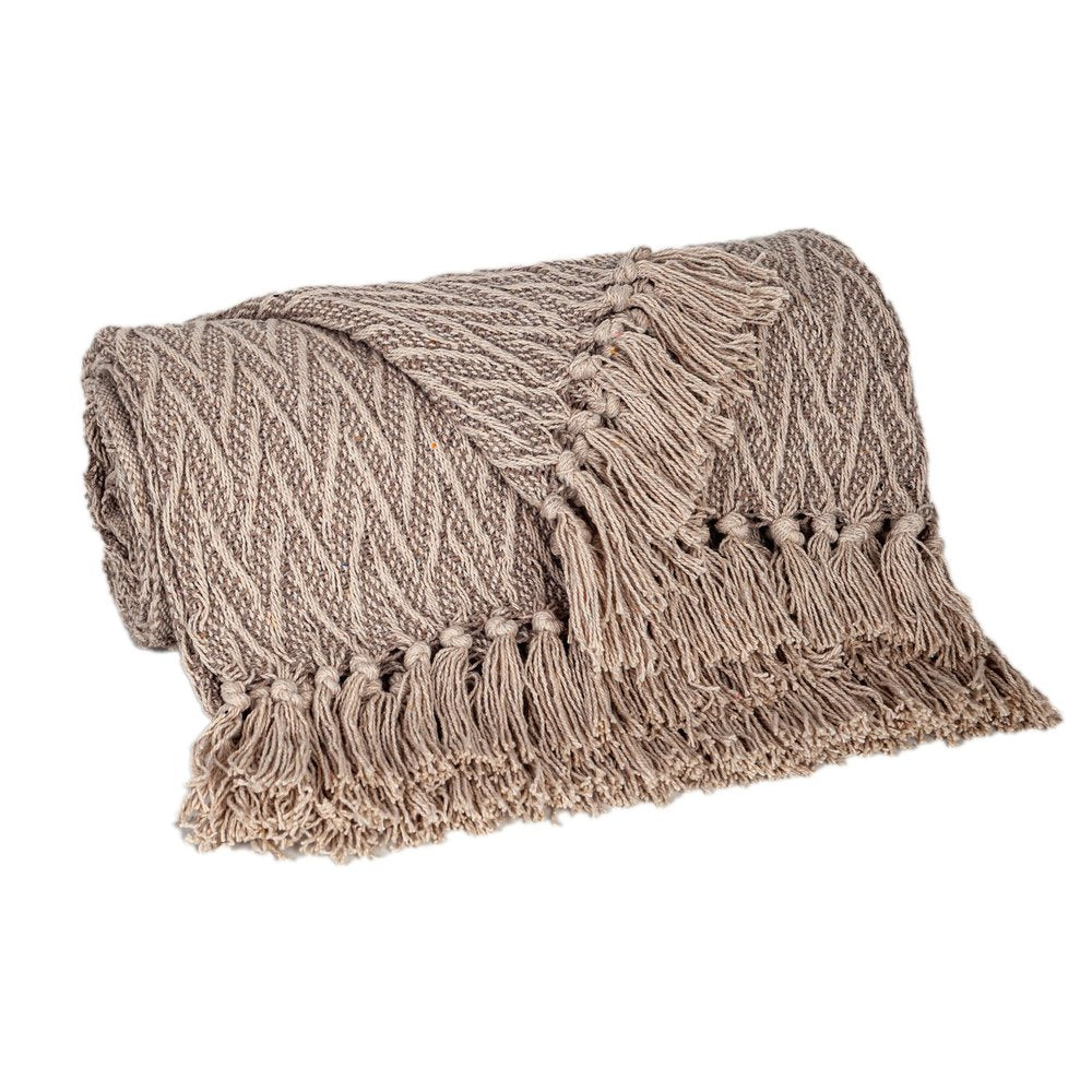52" X 67" Brown Woven Cotton Chevron Throw Blanket with Fringe HomeRoots