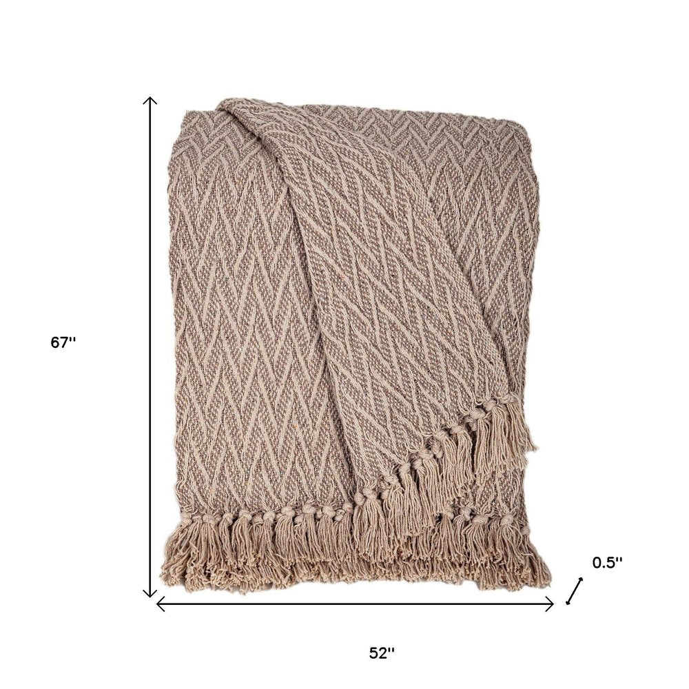 52" X 67" Brown Woven Cotton Chevron Throw Blanket with Fringe HomeRoots