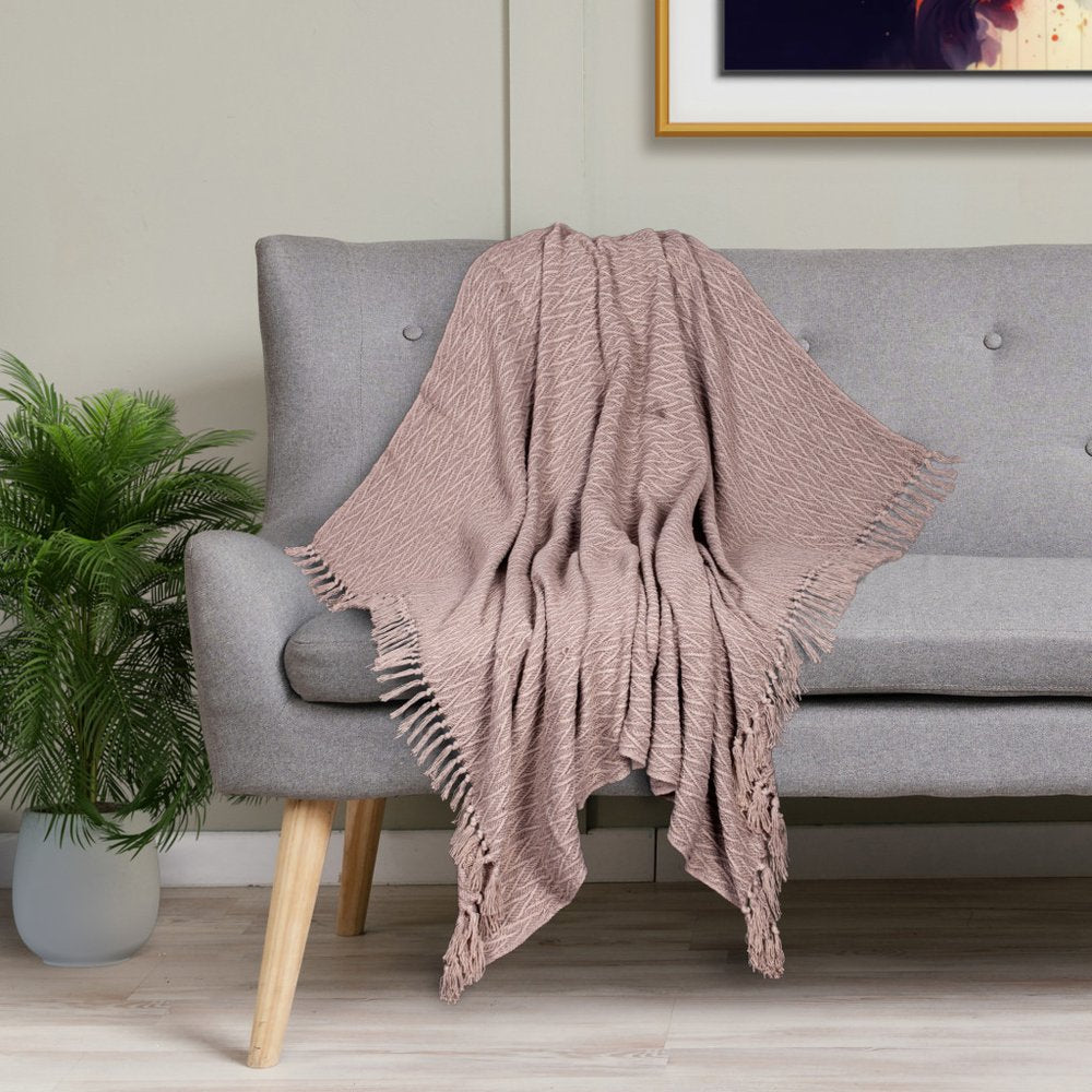 52" X 67" Brown Woven Cotton Chevron Throw Blanket with Fringe HomeRoots