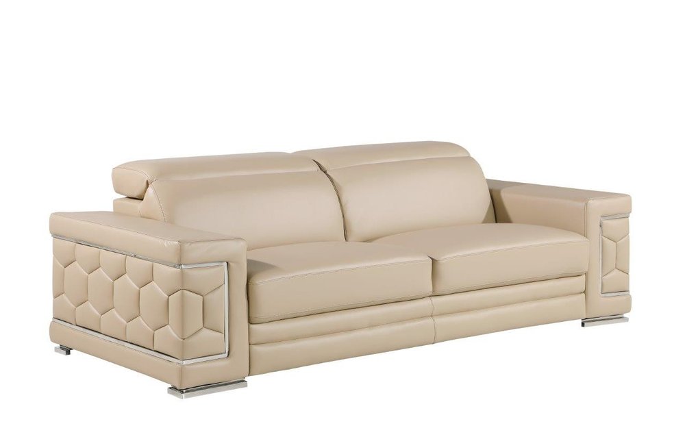 89" Beige Leather Sofa With Silver Legs HomeRoots