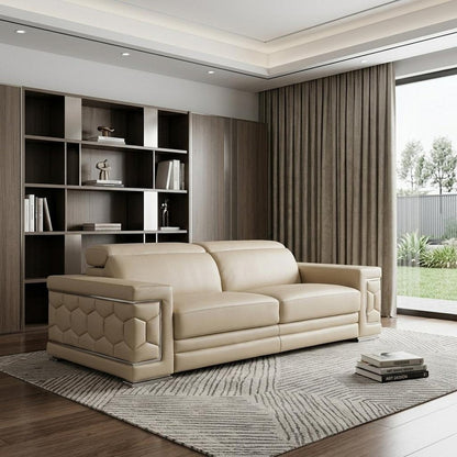 89" Beige Leather Sofa With Silver Legs HomeRoots