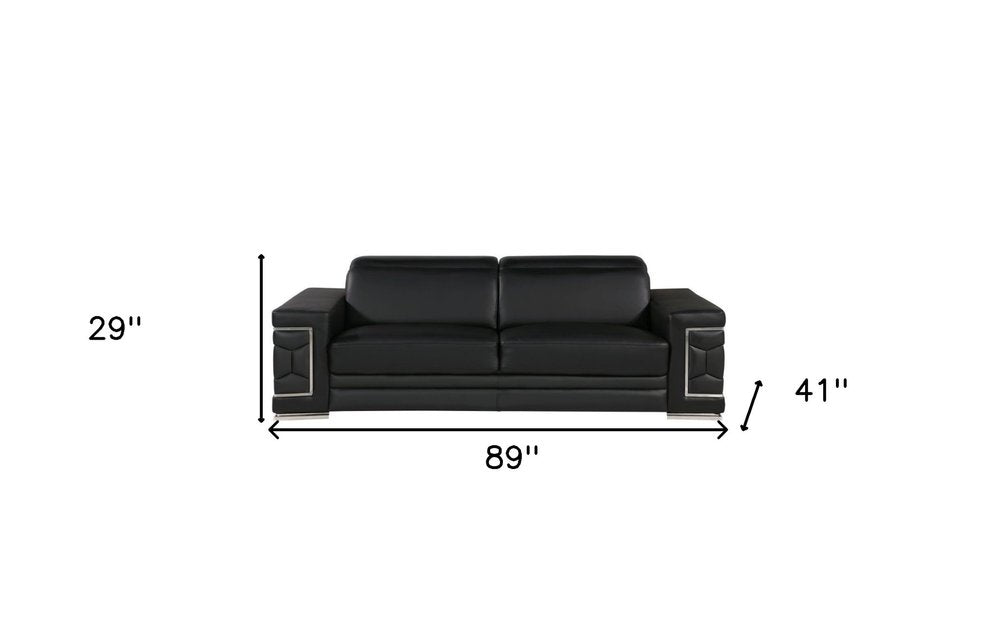 89" Black Leather Sofa With Silver Legs HomeRoots