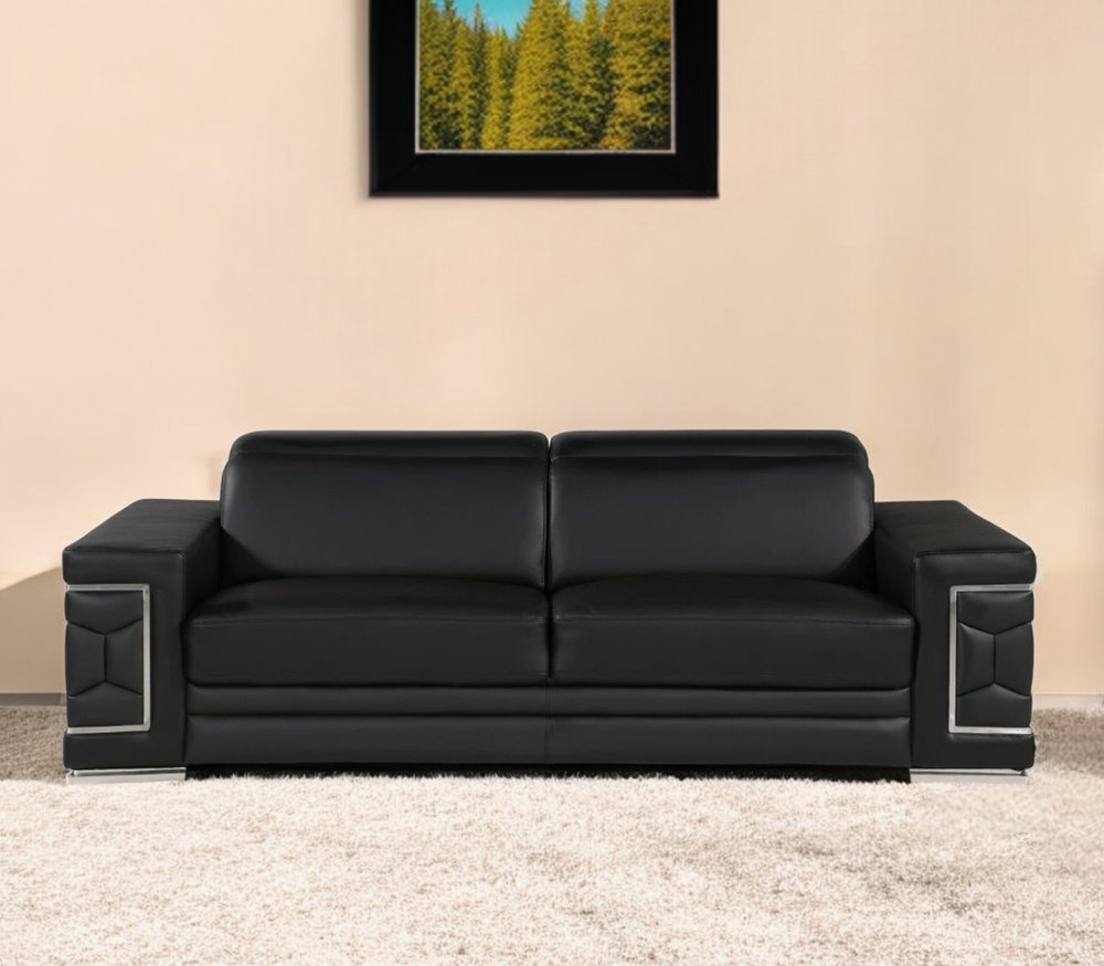 89" Black Leather Sofa With Silver Legs HomeRoots