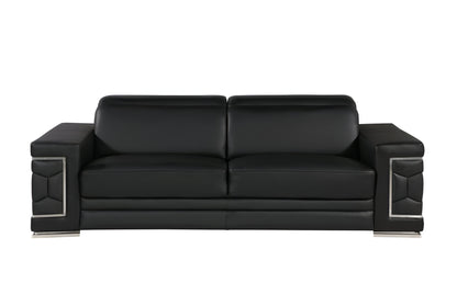 89" Black Leather Sofa With Silver Legs