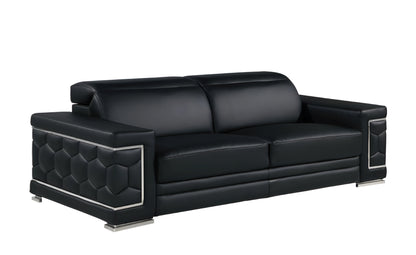 89" Black Leather Sofa With Silver Legs