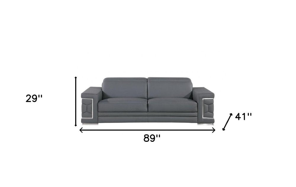 89" Gray Leather Sofa With Silver Legs HomeRoots