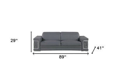 89" Gray Leather Sofa With Silver Legs HomeRoots