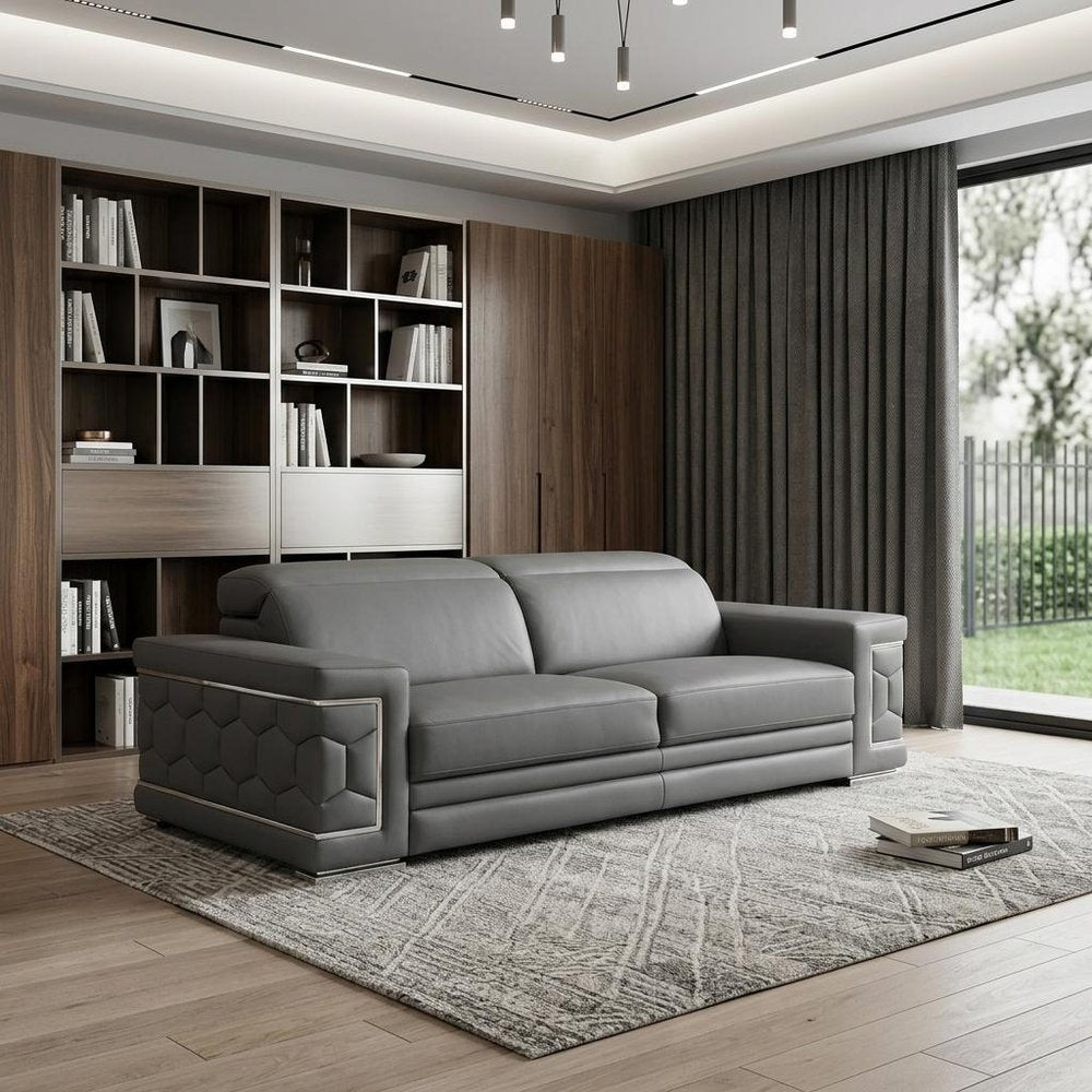 89" Gray Leather Sofa With Silver Legs HomeRoots