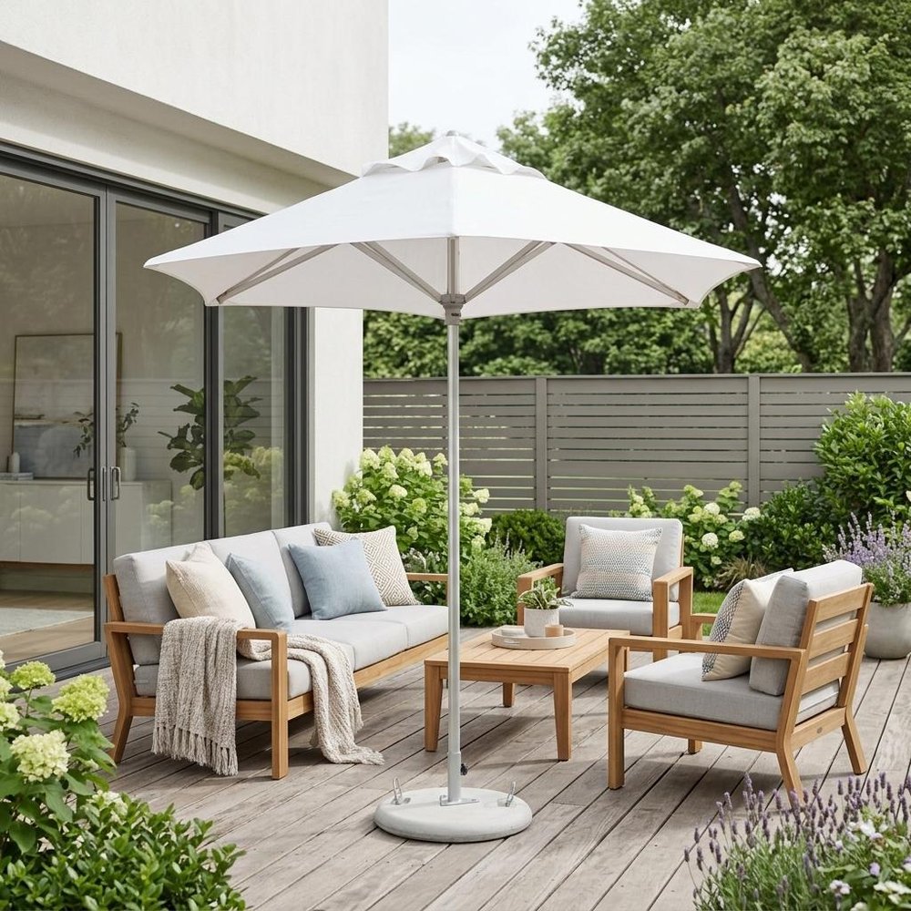 9' White Polyester Round Market Patio Umbrella — view 4