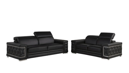 Two Piece Black Genuine Leather Five Person Seating Set