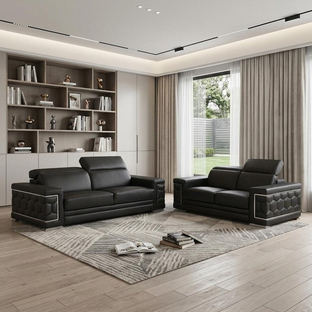 Two Piece Black Genuine Leather Five Person Seating Set — view 12