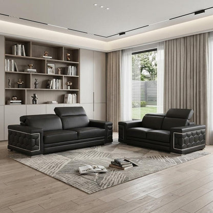 Two Piece Black Genuine Leather Five Person Seating Set