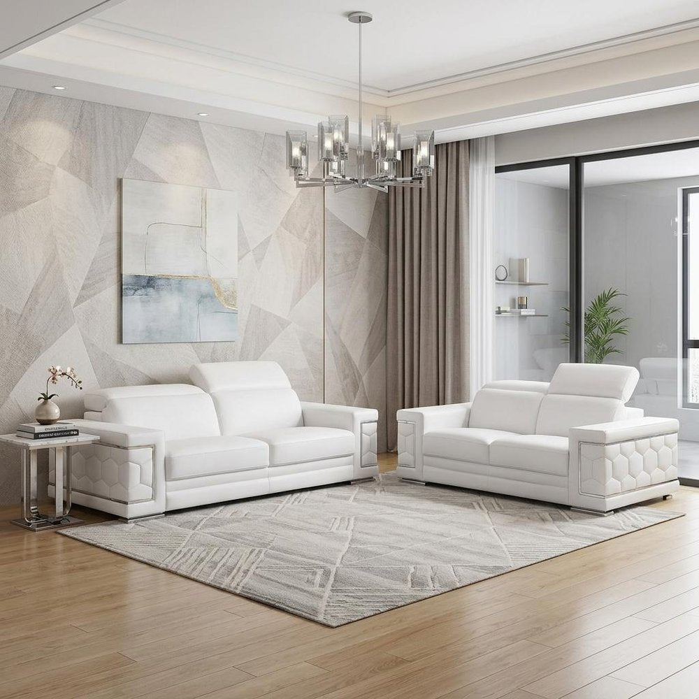 Two Piece White Genuine Leather Five Person Seating Set — view 24