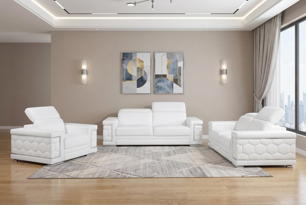 Three Piece White Genuine Leather Six Person Seating Set — view 24