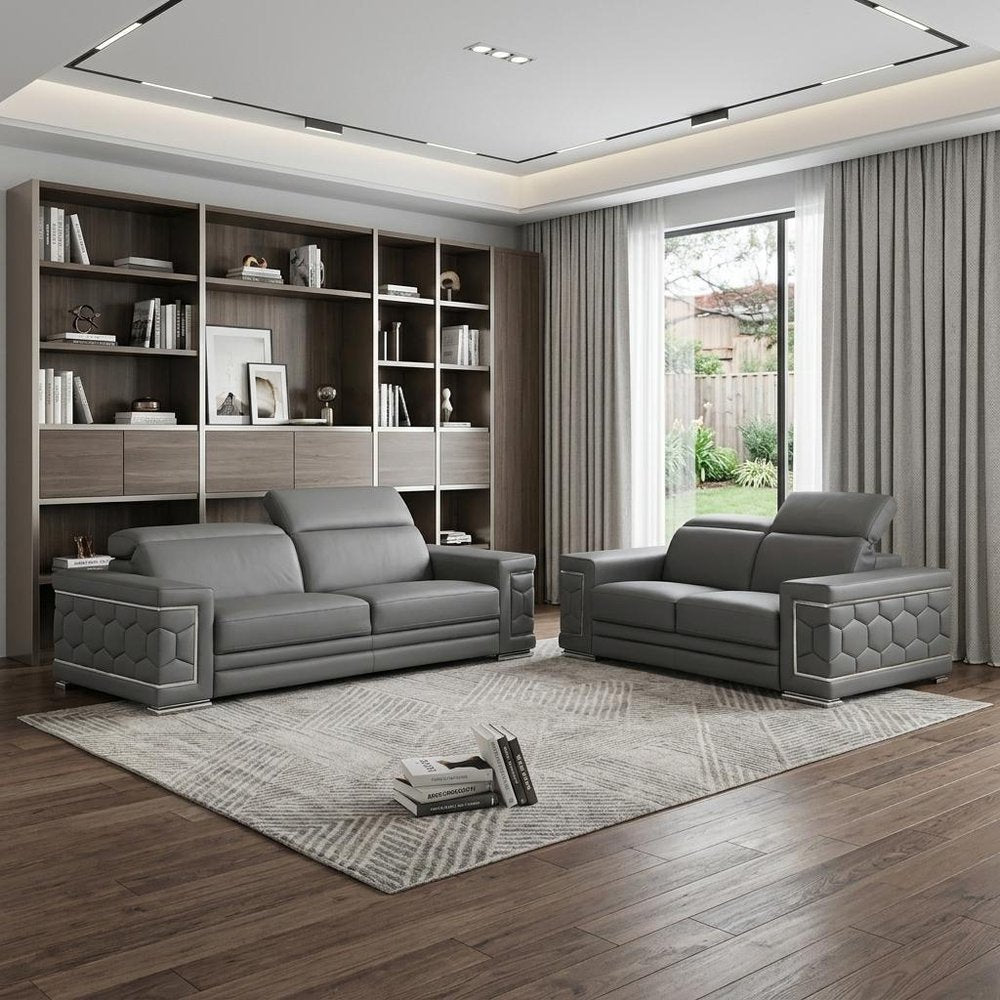 Two Piece Gray Genuine Leather Five Person Seating Set — view 8