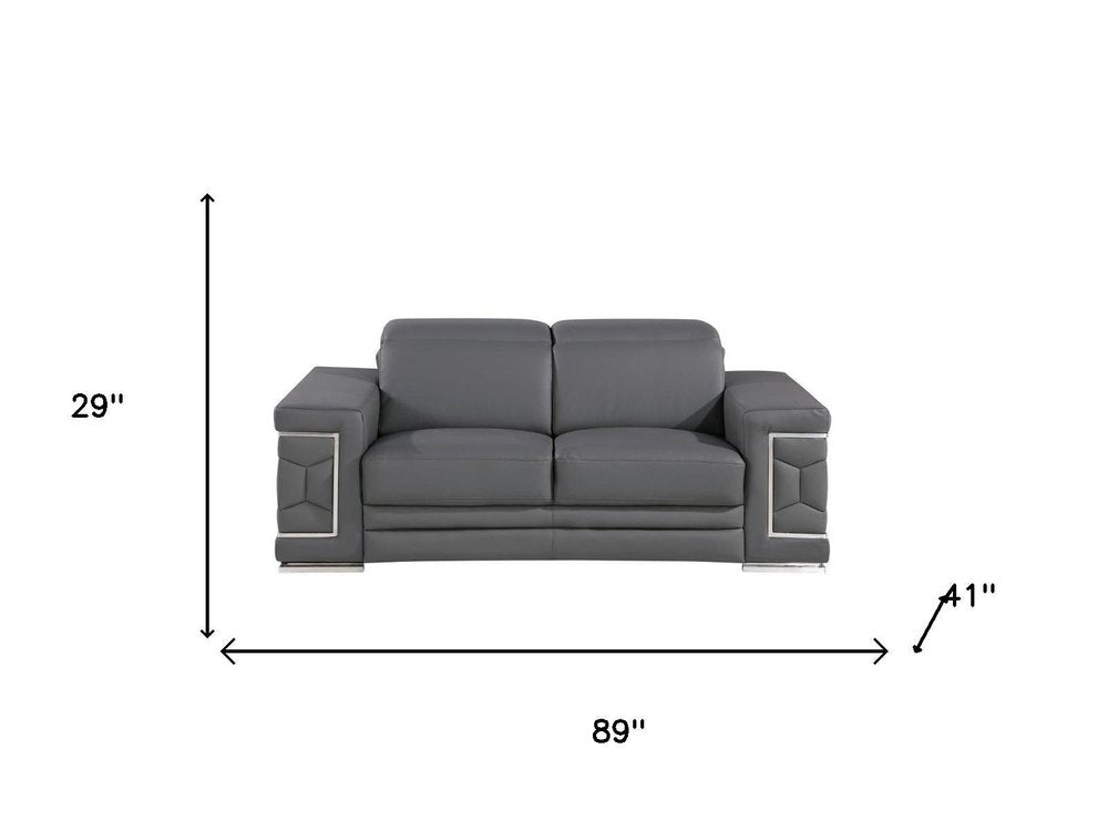 Two Piece Gray Genuine Leather Five Person Seating Set — view 9