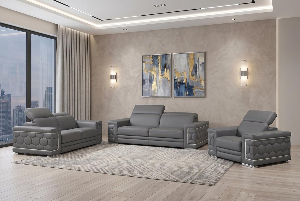 Three Piece Gray Genuine Leather Six Person Seating Set — view 8