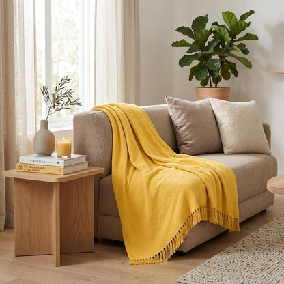 California King Gold Cotton Basketweave Geometric Blanket HomeRoots