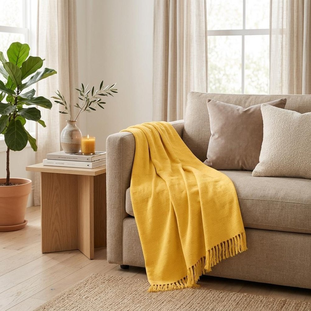 King Gold Cotton Basketweave Geometric Blanket HomeRoots