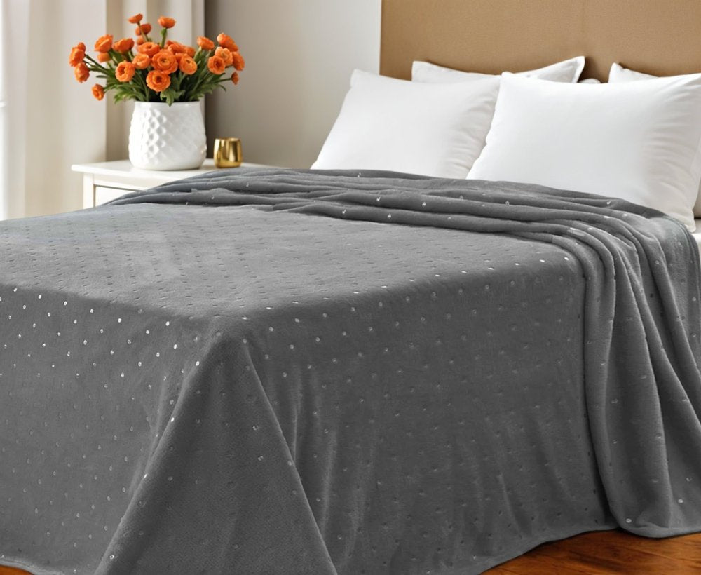 Queen Gray And Silver Fleece Woven Polka Dots Plush Blanket HomeRoots