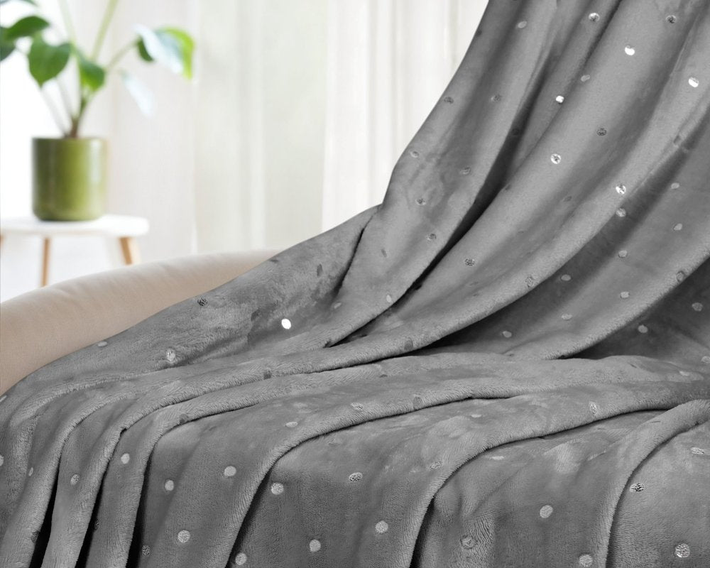 Queen Gray And Silver Fleece Woven Polka Dots Plush Blanket HomeRoots