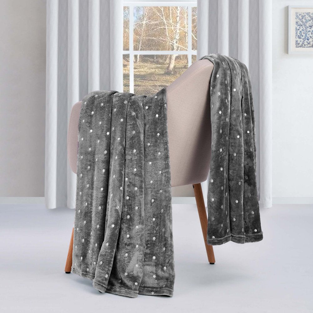 Queen Gray And Silver Fleece Woven Polka Dots Plush Blanket HomeRoots