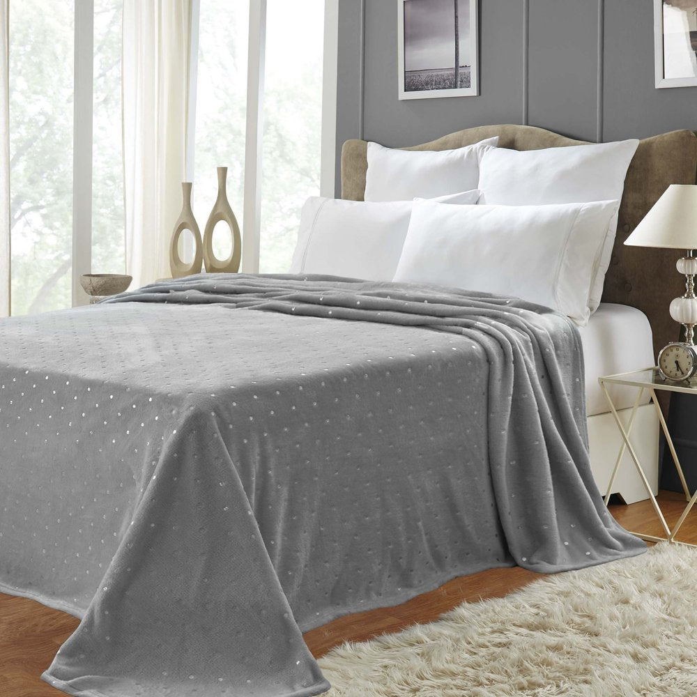 Queen Gray And Silver Fleece Woven Polka Dots Plush Blanket HomeRoots