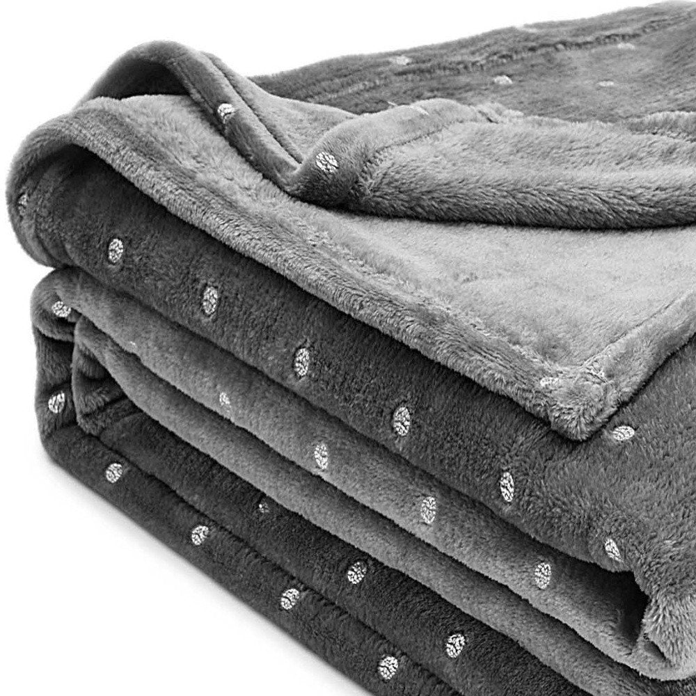 Queen Gray And Silver Fleece Woven Polka Dots Plush Blanket HomeRoots