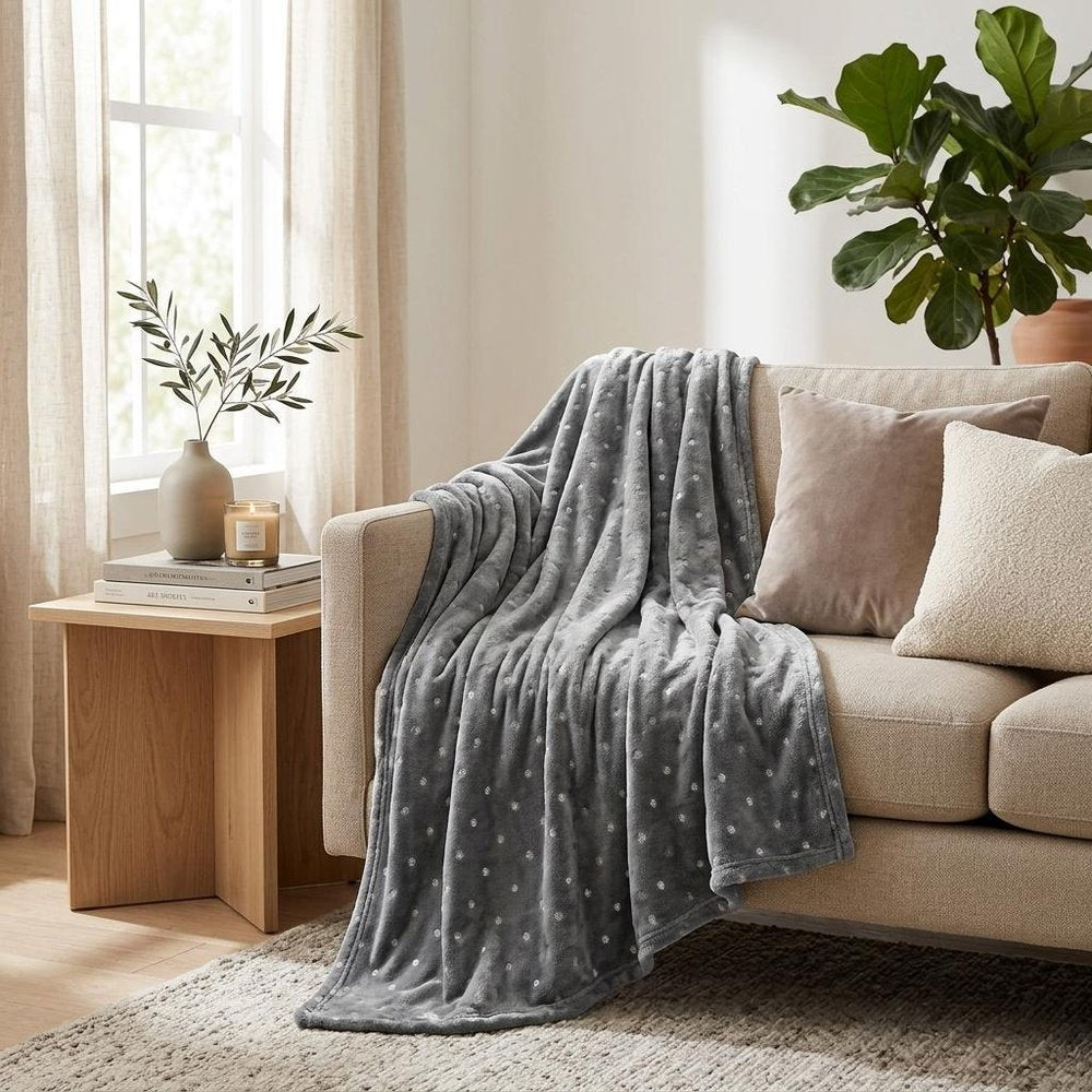 Queen Gray And Silver Fleece Woven Polka Dots Plush Blanket HomeRoots