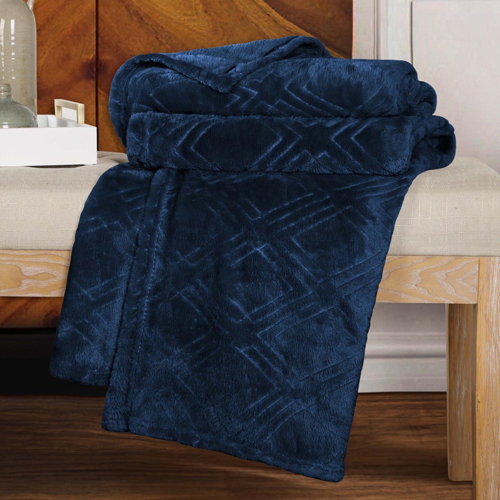 King Navy Blue Flannel Geometric Plush Blanket — view 4
