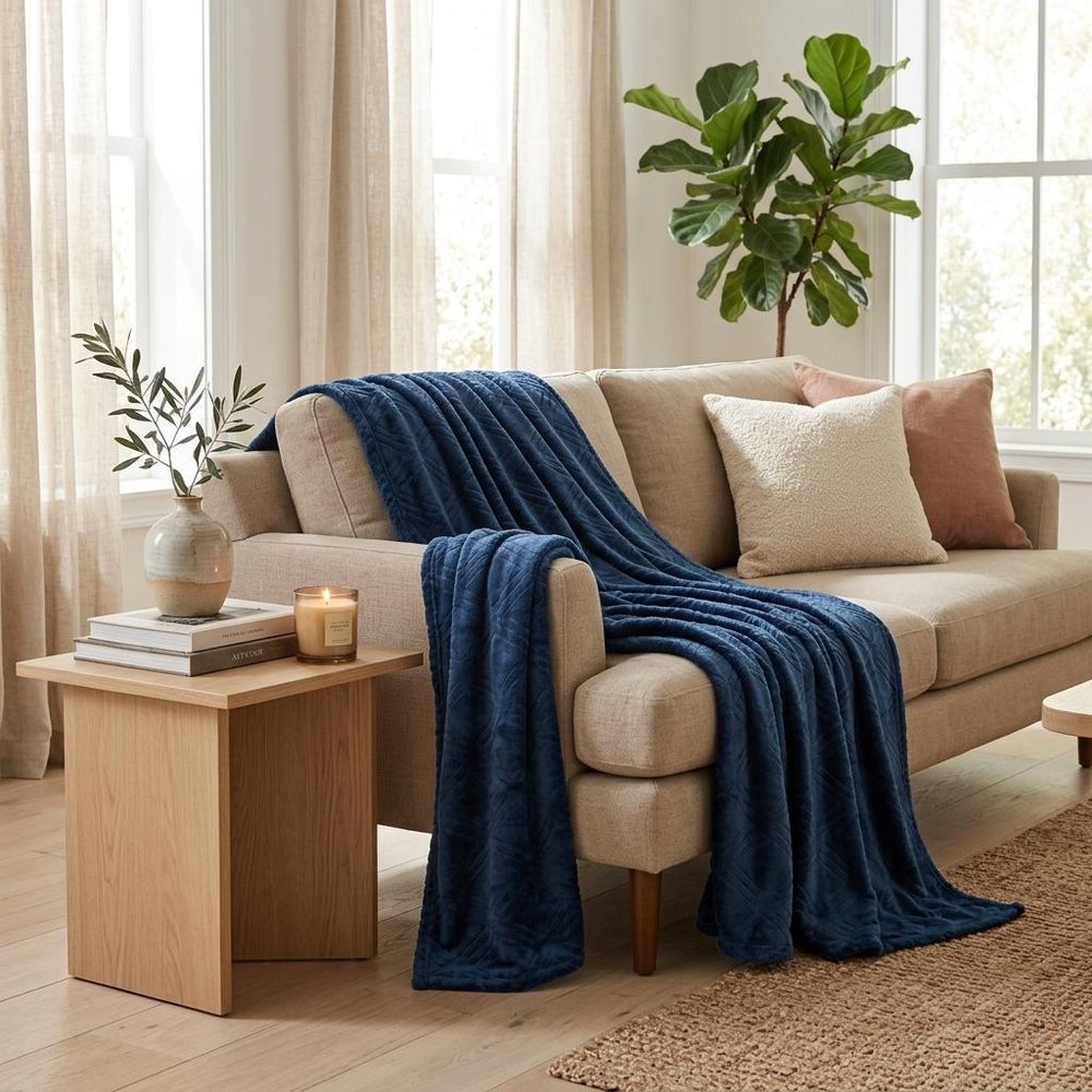 King Navy Blue Flannel Geometric Plush Blanket — view 8