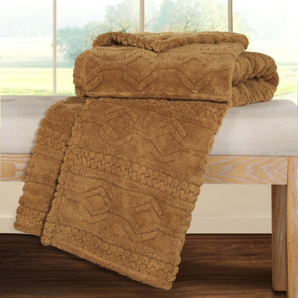 Twin Camel Fleece Geometric Plush Blanket — view 3