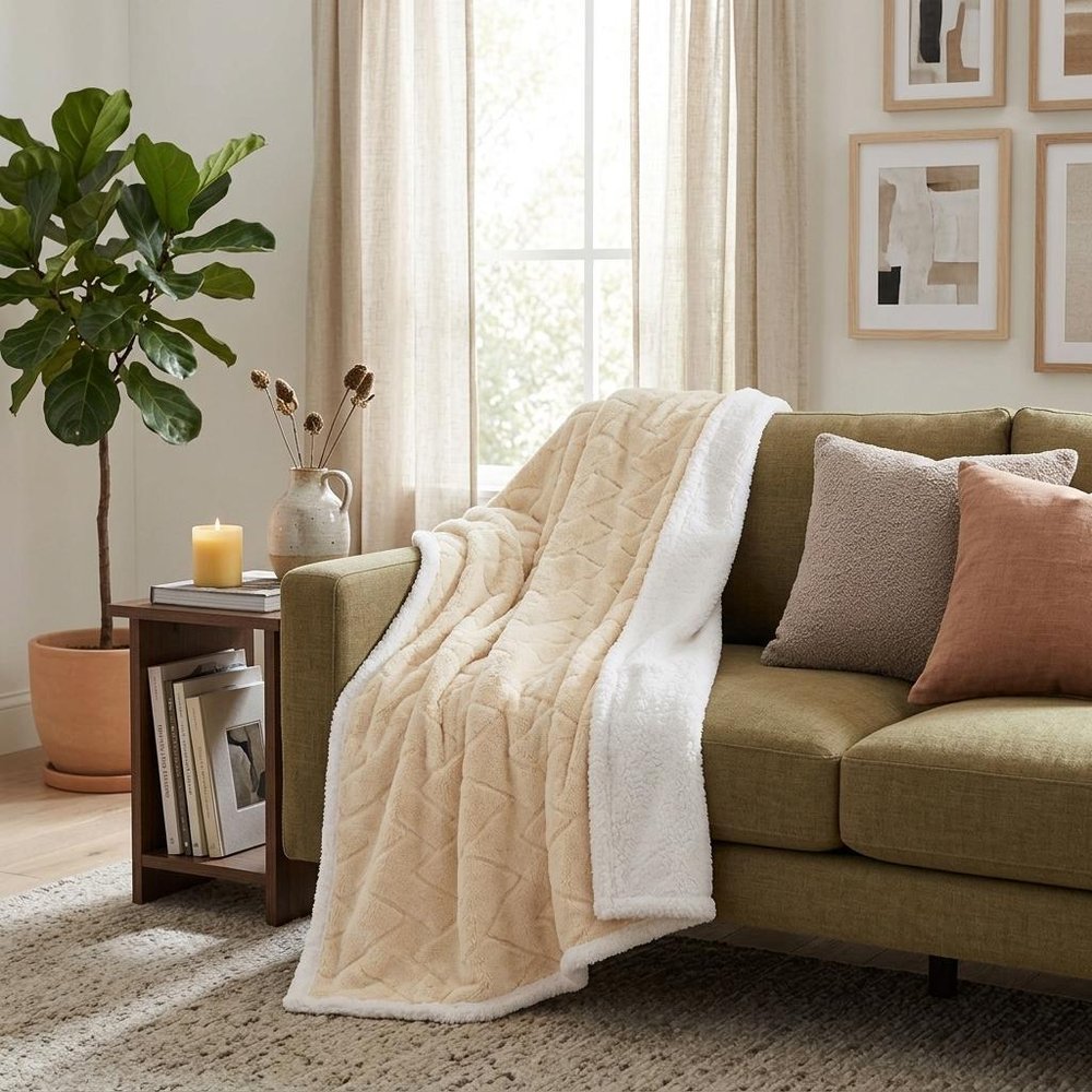 Queen Cream Fleece Geometric Plush Blanket — view 8