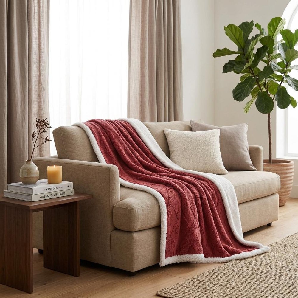 Queen Red And Orange Fleece Geometric Plush Blanket — view 8