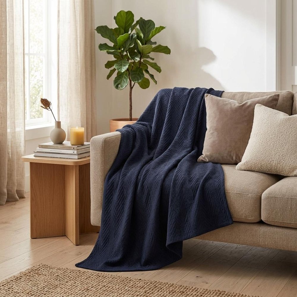 Queen Navy Blue Cotton Woven Chevron Blanket HomeRoots
