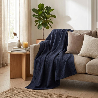 Queen Navy Blue Cotton Woven Chevron Blanket HomeRoots