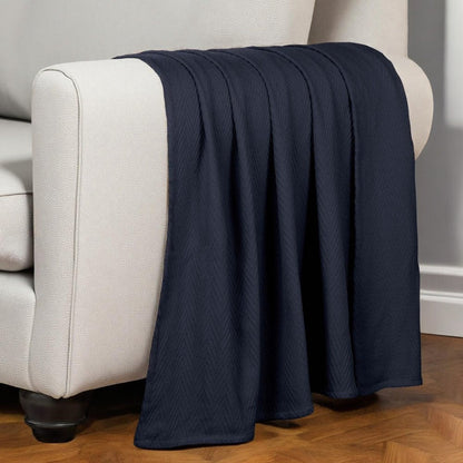 Queen Navy Blue Cotton Woven Chevron Blanket HomeRoots