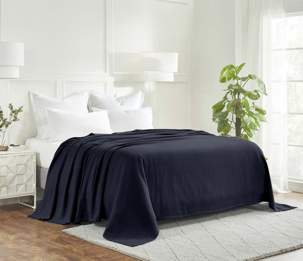 Queen Navy Blue Cotton Woven Chevron Blanket HomeRoots