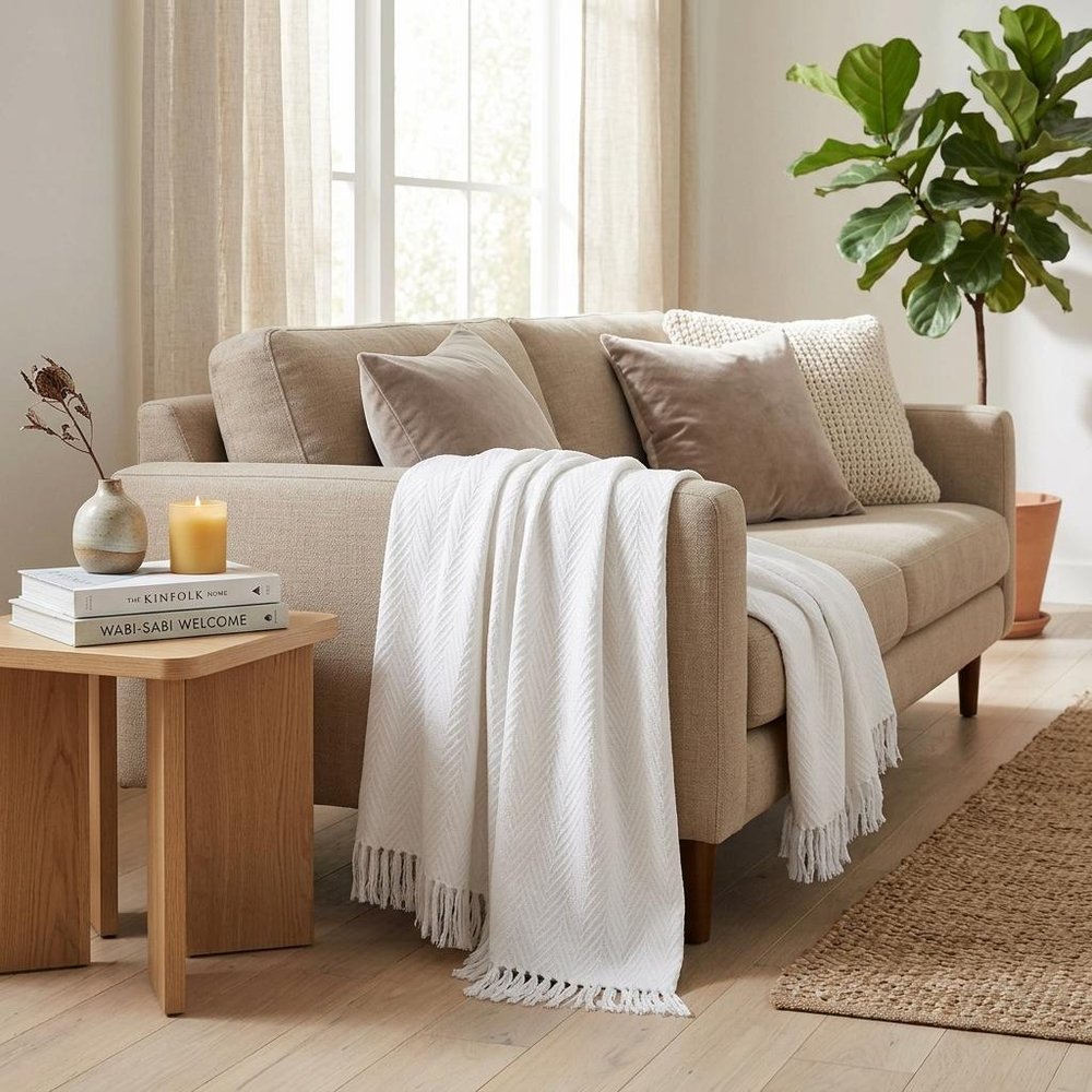 King White Cotton Woven Chevron Blanket HomeRoots
