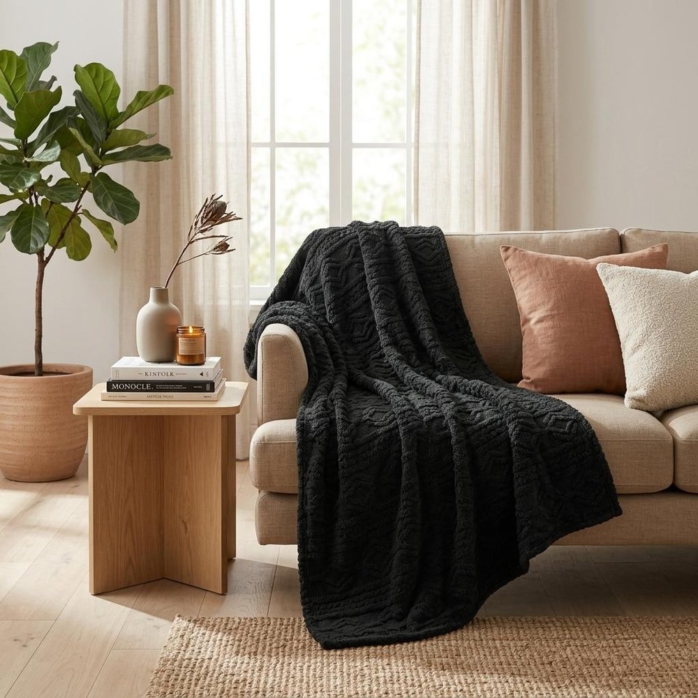 Queen Black Fleece Geometric Plush Blanket — view 7