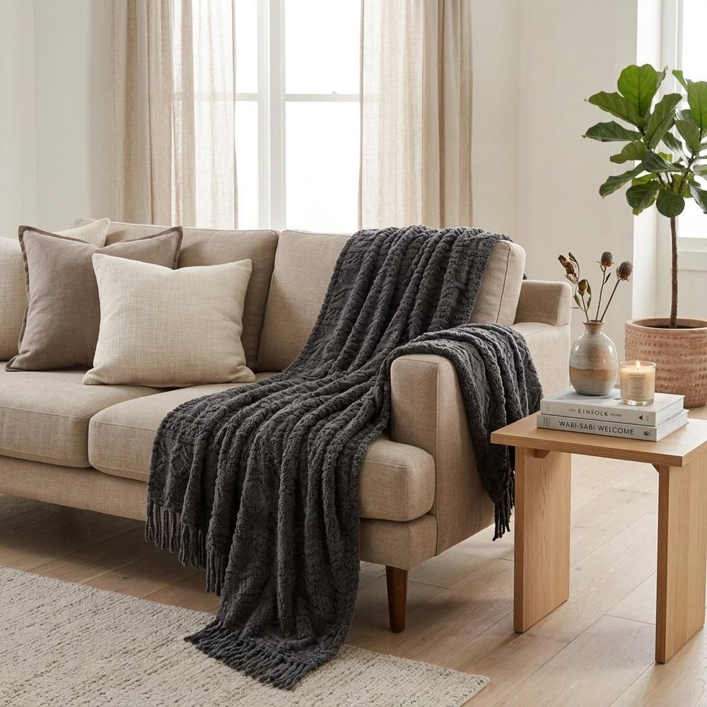 Queen Charcoal Fleece Knitted Plush Blanket — view 7