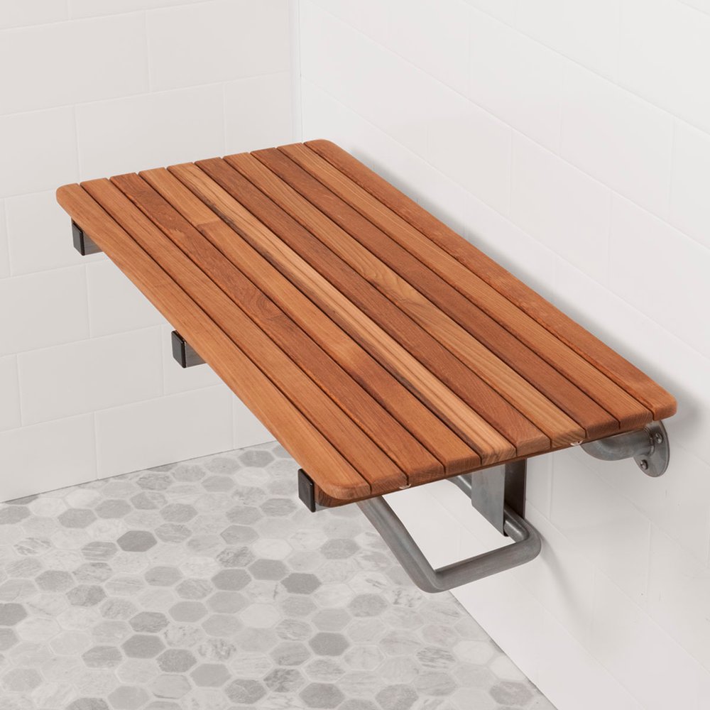 14" X 34" Brown Teak Wall Mount Rectangular Shower Bench HomeRoots