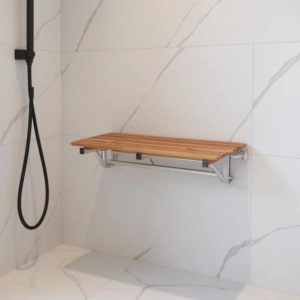14" X 34" Brown Teak Wall Mount Rectangular Shower Bench HomeRoots