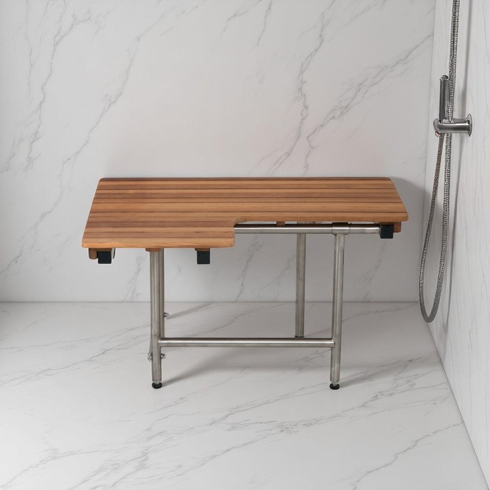 30" Brown Wall Mount Teak Rectangular Shower Bench With Legs HomeRoots