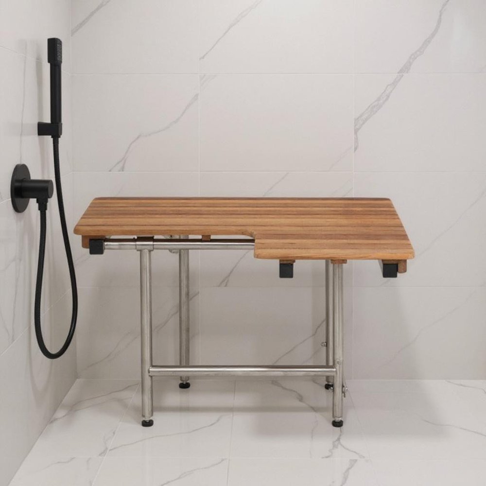 18" X 34" Brown Teak Wall Mount Rectangular Shower Bench With Legs