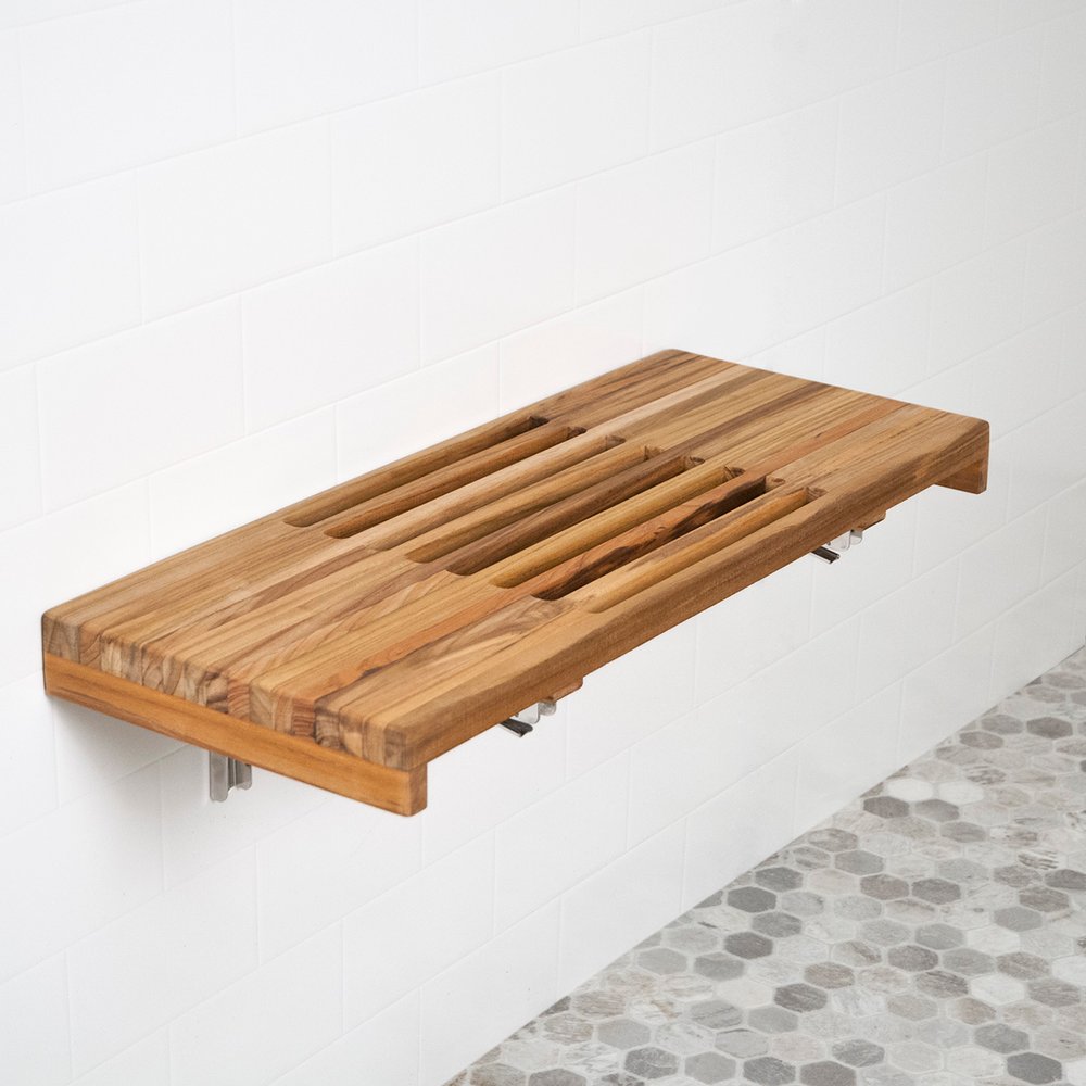 24" Brown Wall Mount Teak Rectangular Shower Bench HomeRoots