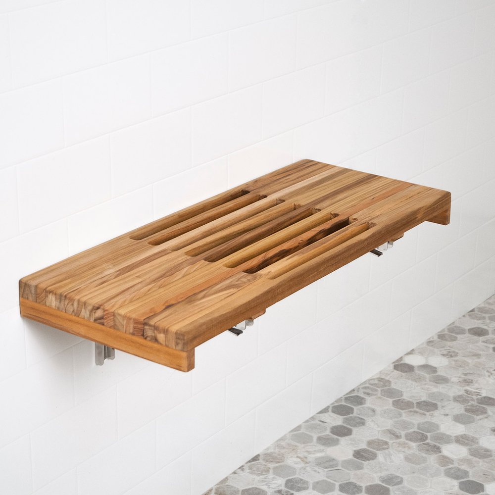 30" Brown Wall Mount Teak Rectangular Shower Bench HomeRoots