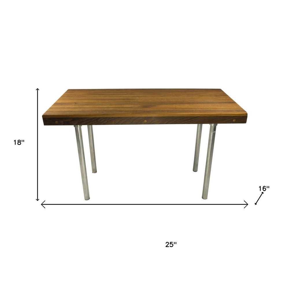 18" X 25" Brown Teak And Stainless Steel Rectangular Shower Bench HomeRoots